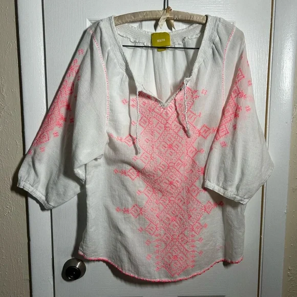 Maeve Anthropologie Sz 12 White Linen Boho Embroidered Blouse Pink Stitch - Picture 10 of 15